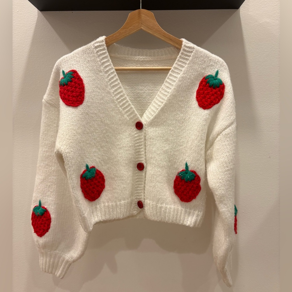 White Strawberry Embroidered Cropped Cardigan